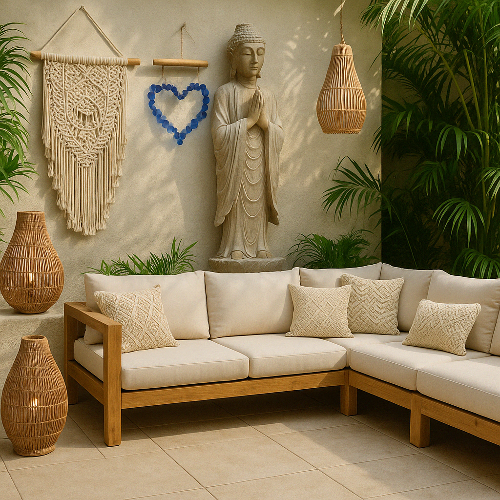 Terrasse extérieure sur le thème de Bali avec canapé en bambou, grande statue de Bouddha, suspension murale en macramé, carillon en forme de cœur bleu et lampe en rotin artisanale.