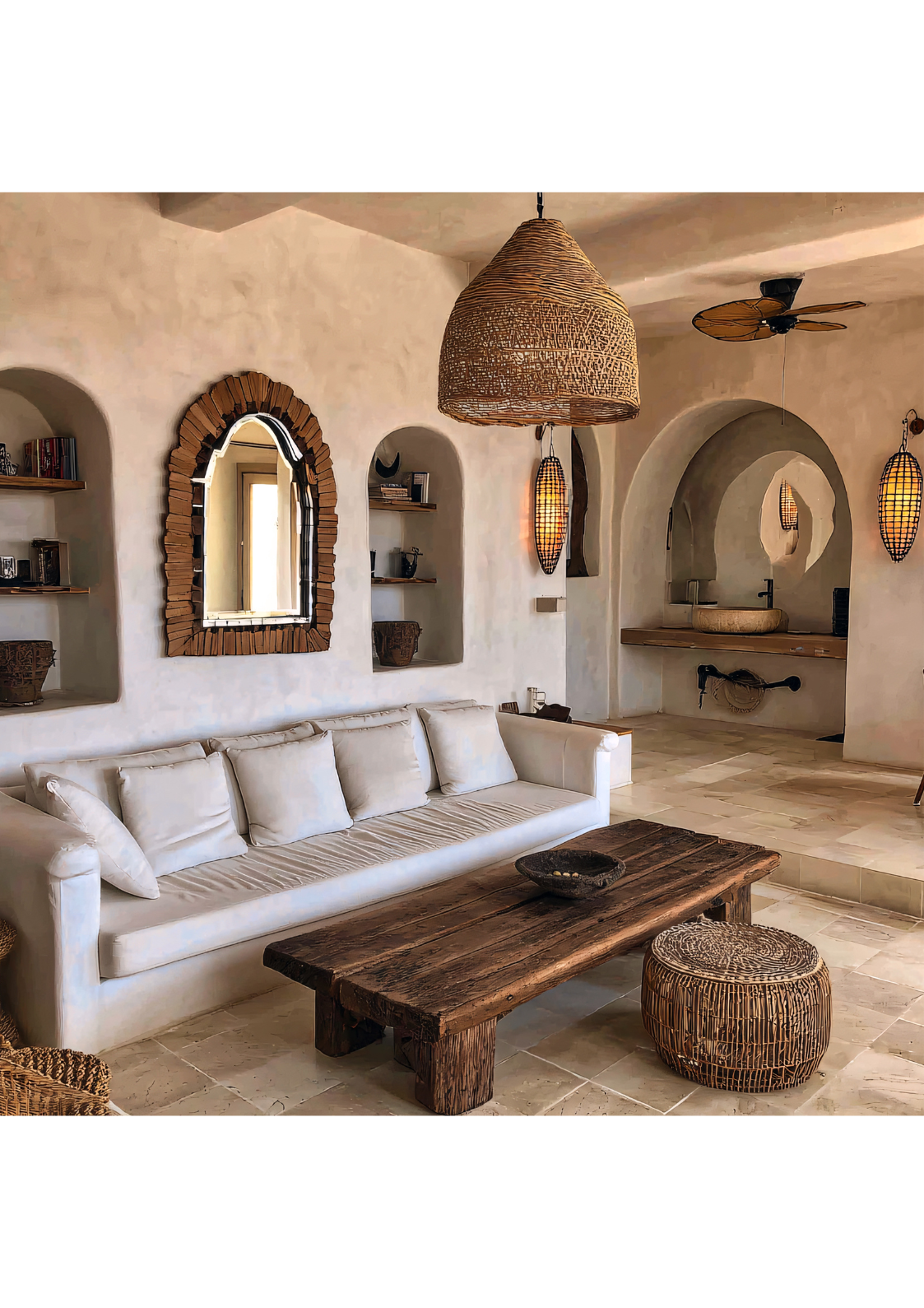 Salon chaleureux décoré avec des lampes artisanales, paniers en fibres naturelles, vases en céramique, feuillage tropical et mobilier en bois ambiance bohème et naturelle parfaite pour une collection de décoration d’intérieur.