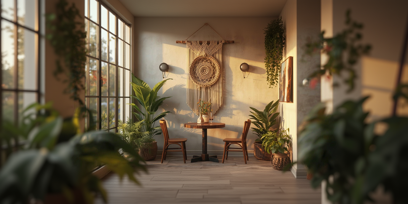 Décoration, bohème, terrasse, macramé au mur