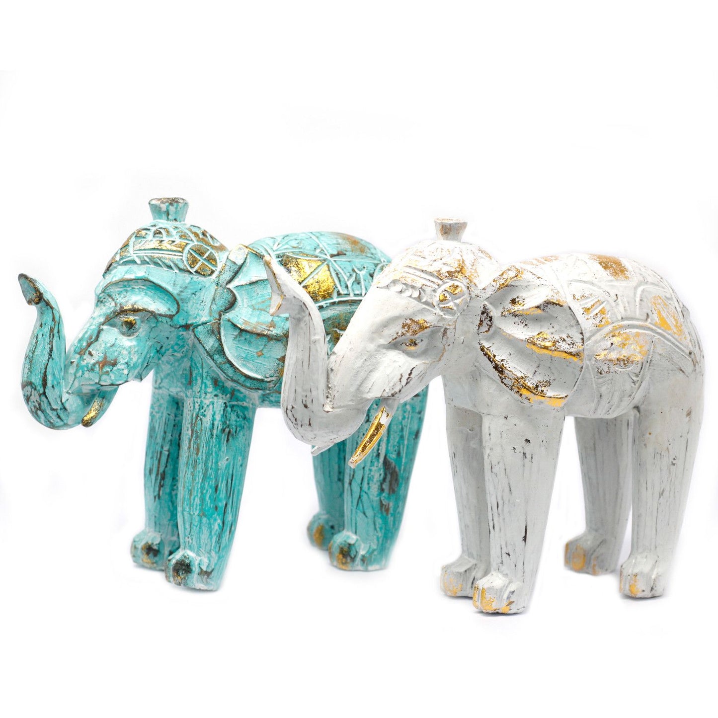 Wood Carved Elephant - Turquois Gold