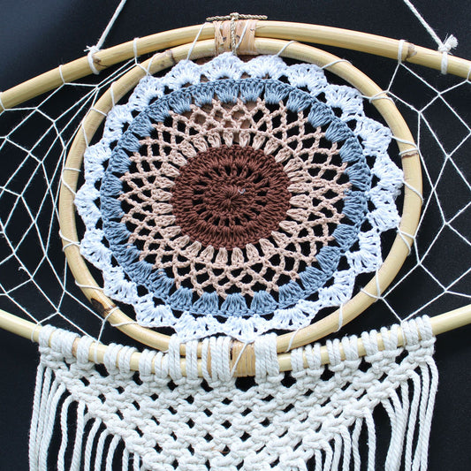Protection Dream Cather - Lrg Macrame Eye White/ Gey/Brown